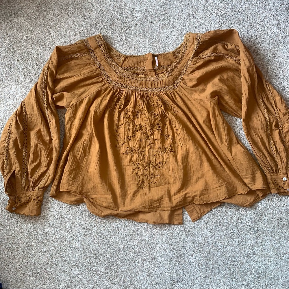 Free People Faraway Fields Eyelet Boho Top Golden Size Medium